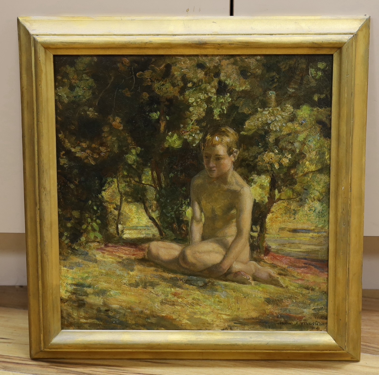 Arthur Marston, oil on board, Youth seated beneath a tree, signed and dated 1910, 40 x 38cm